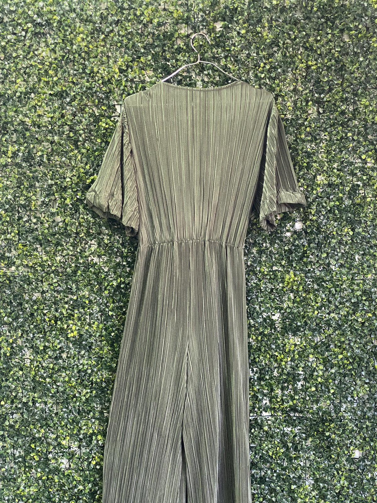 Amber Olive Pleated Wrap Jumpsuit — detail