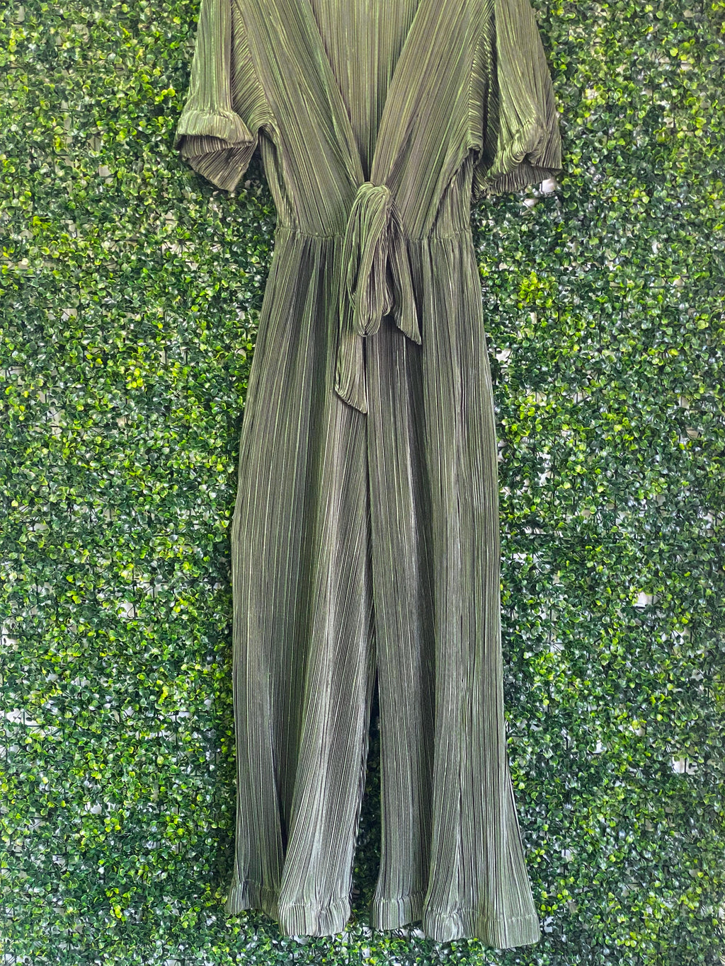 Amber Olive Pleated Wrap Jumpsuit — front