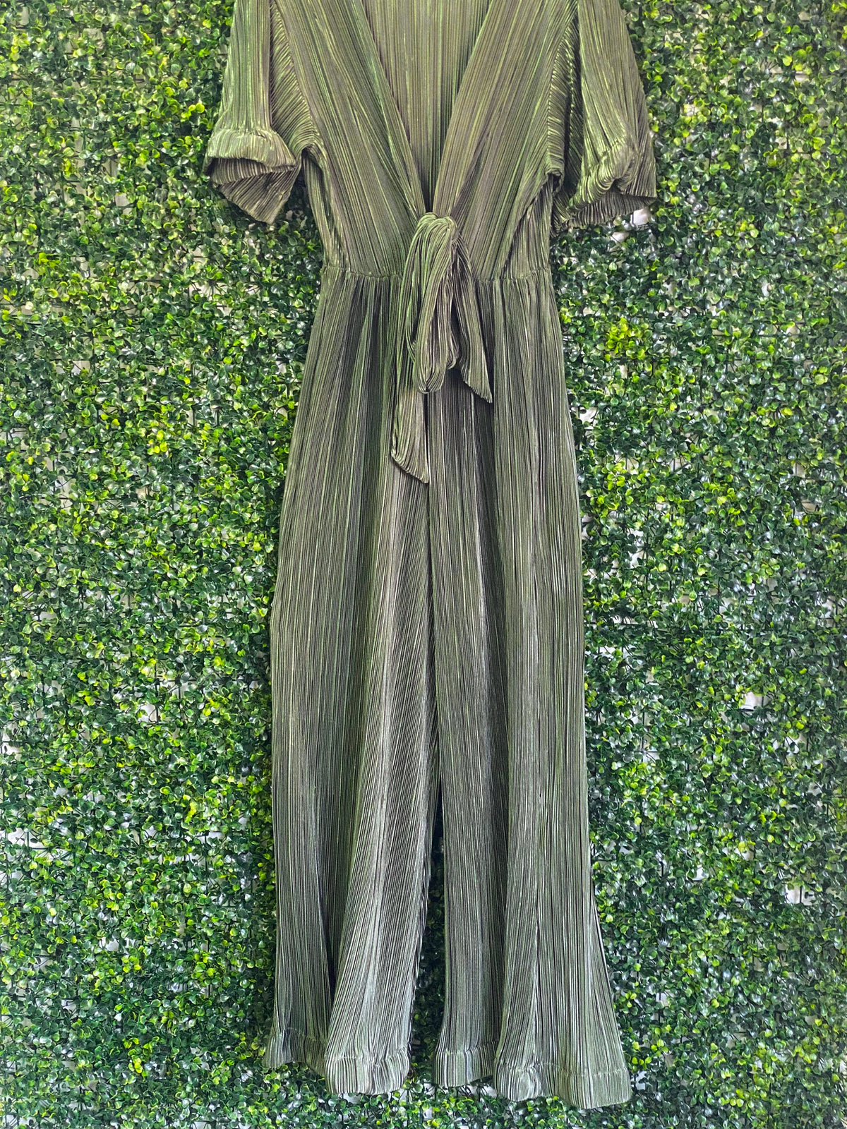 Amber Olive Pleated Wrap Jumpsuit — front