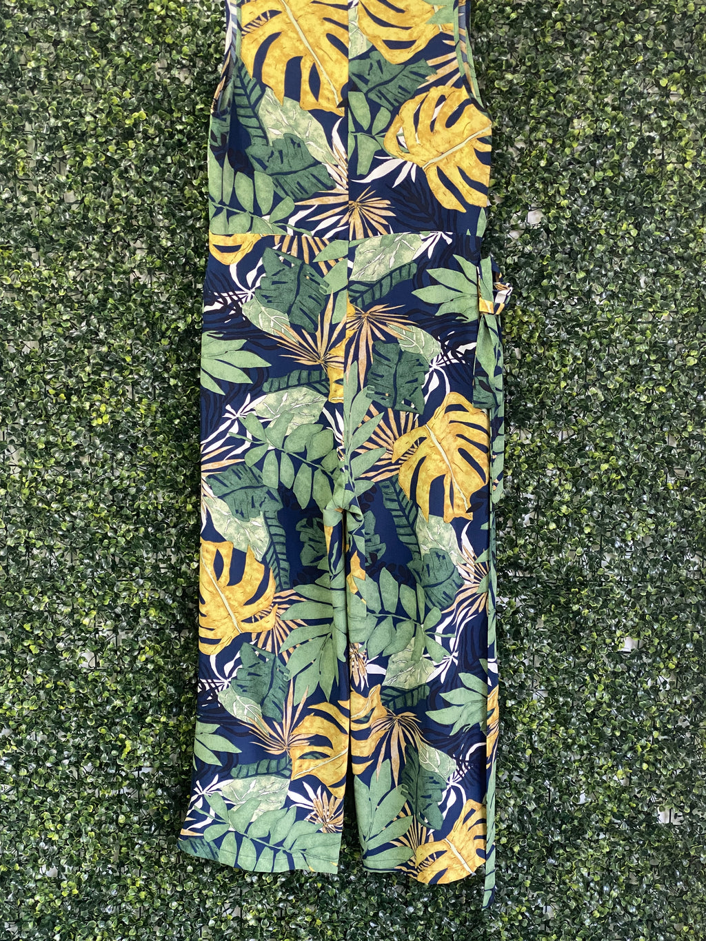 Emery Rose Navy Tropical Leaf Wide-Leg Jumpsuit — detail