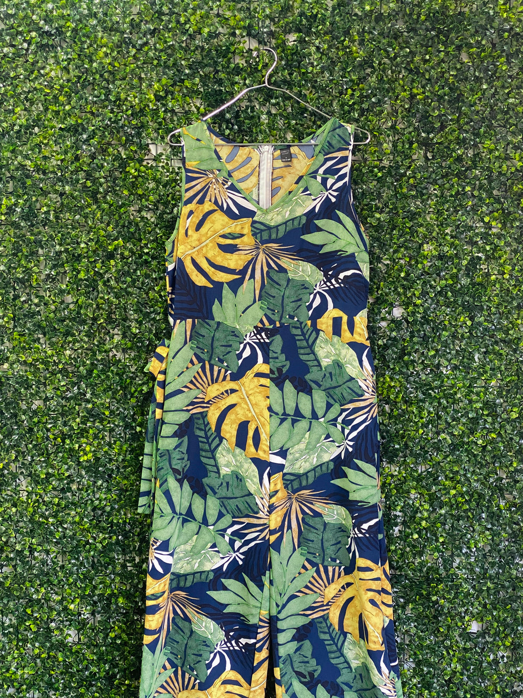 Emery Rose Navy Tropical Leaf Wide-Leg Jumpsuit — front