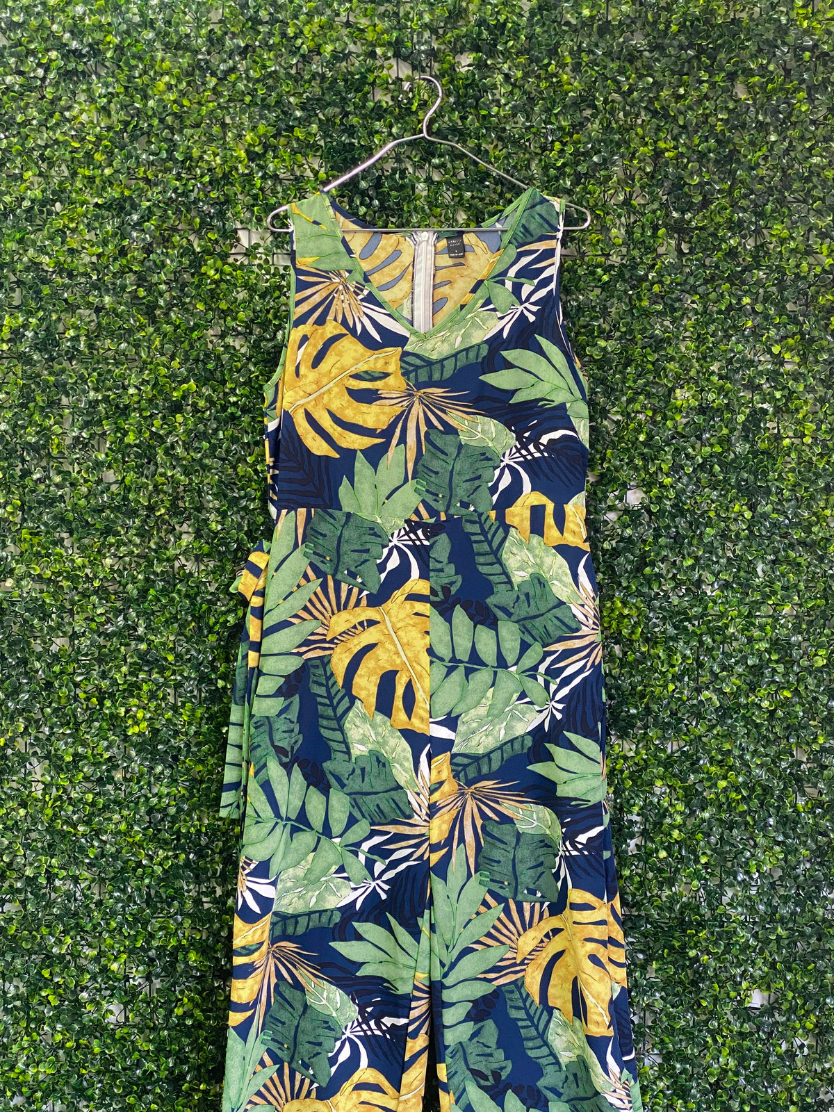Emery Rose Navy Tropical Leaf Wide-Leg Jumpsuit — front