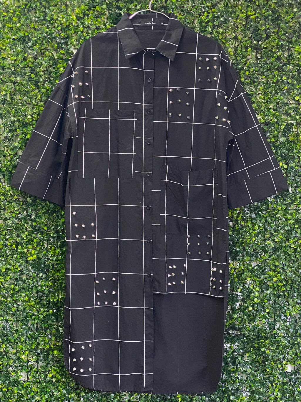 Candy Box Black Windowpane Studded Shirt Dress — front