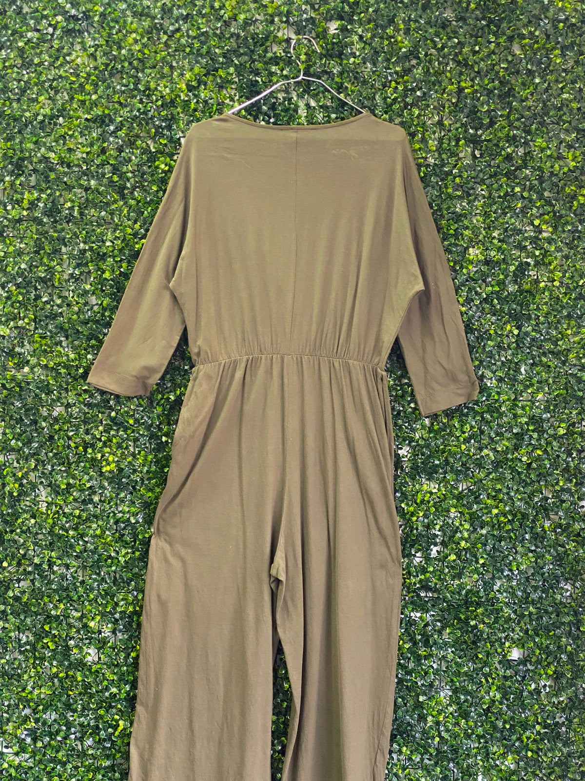 Zara Olive Taupe Wrap-Front Wide-Leg Jumpsuit — back