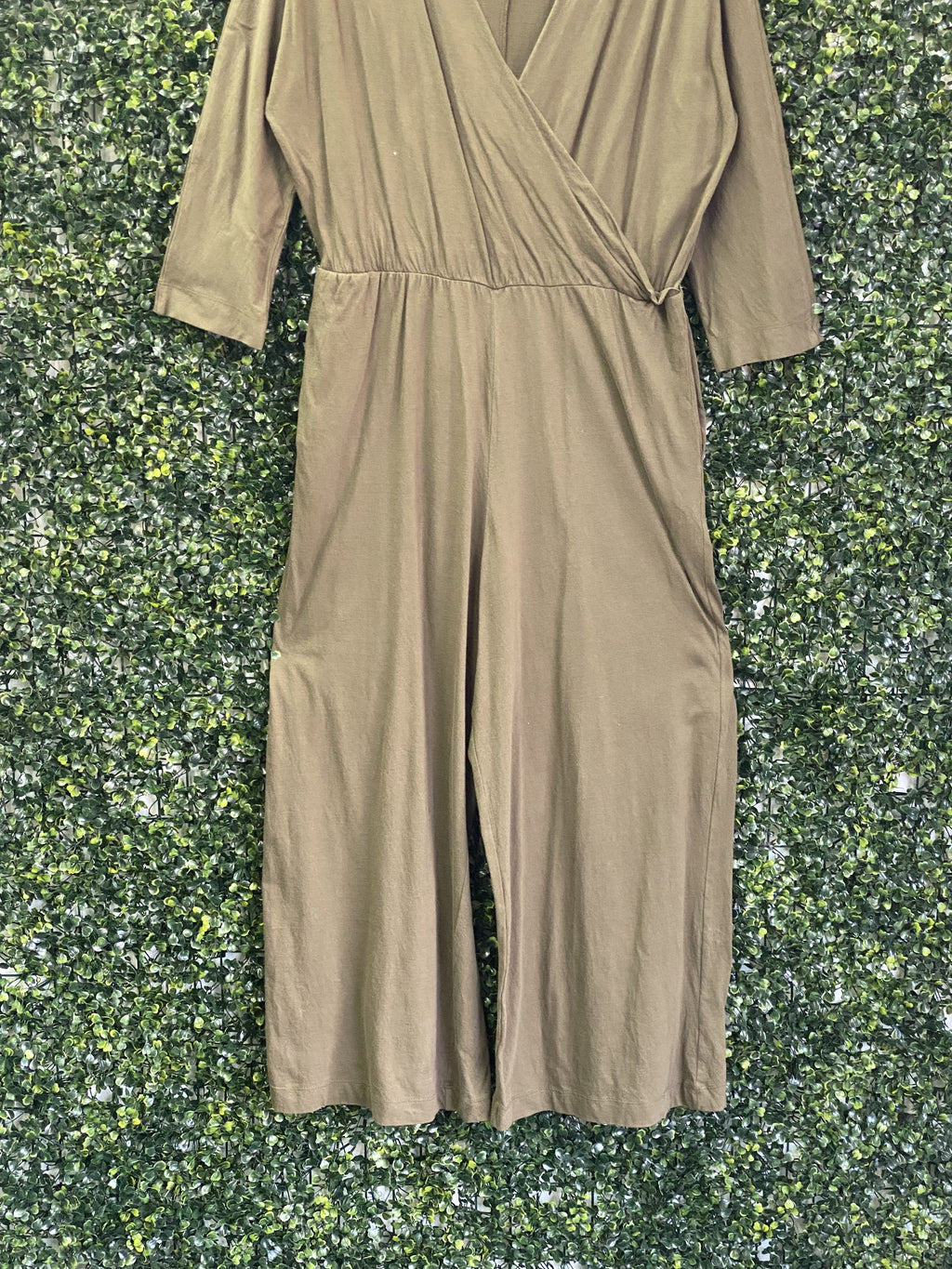 Zara Olive Taupe Wrap-Front Wide-Leg Jumpsuit — detail