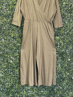 Zara Olive Taupe Wrap-Front Wide-Leg Jumpsuit — detail