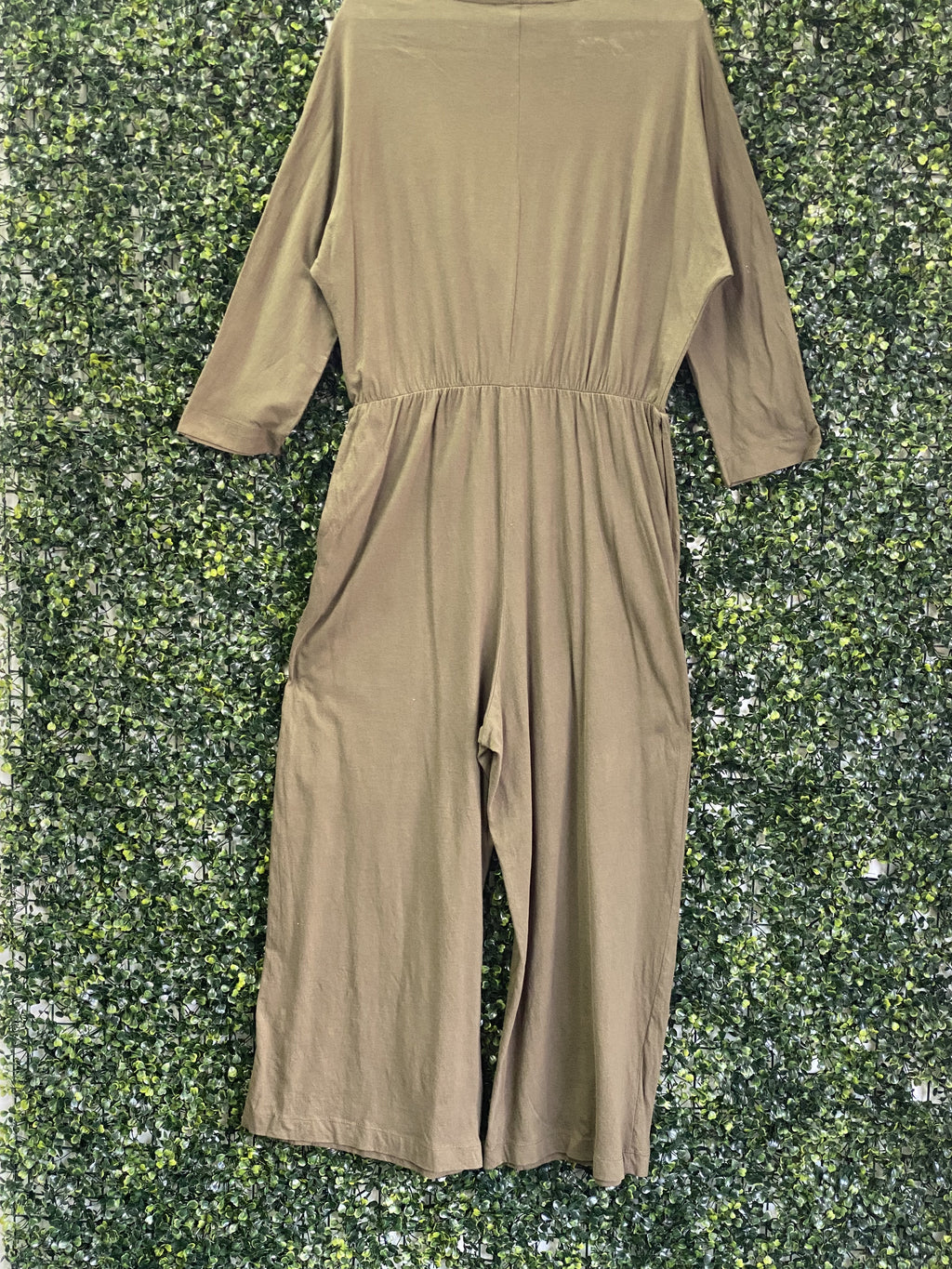 Zara Olive Taupe Wrap-Front Wide-Leg Jumpsuit — detail
