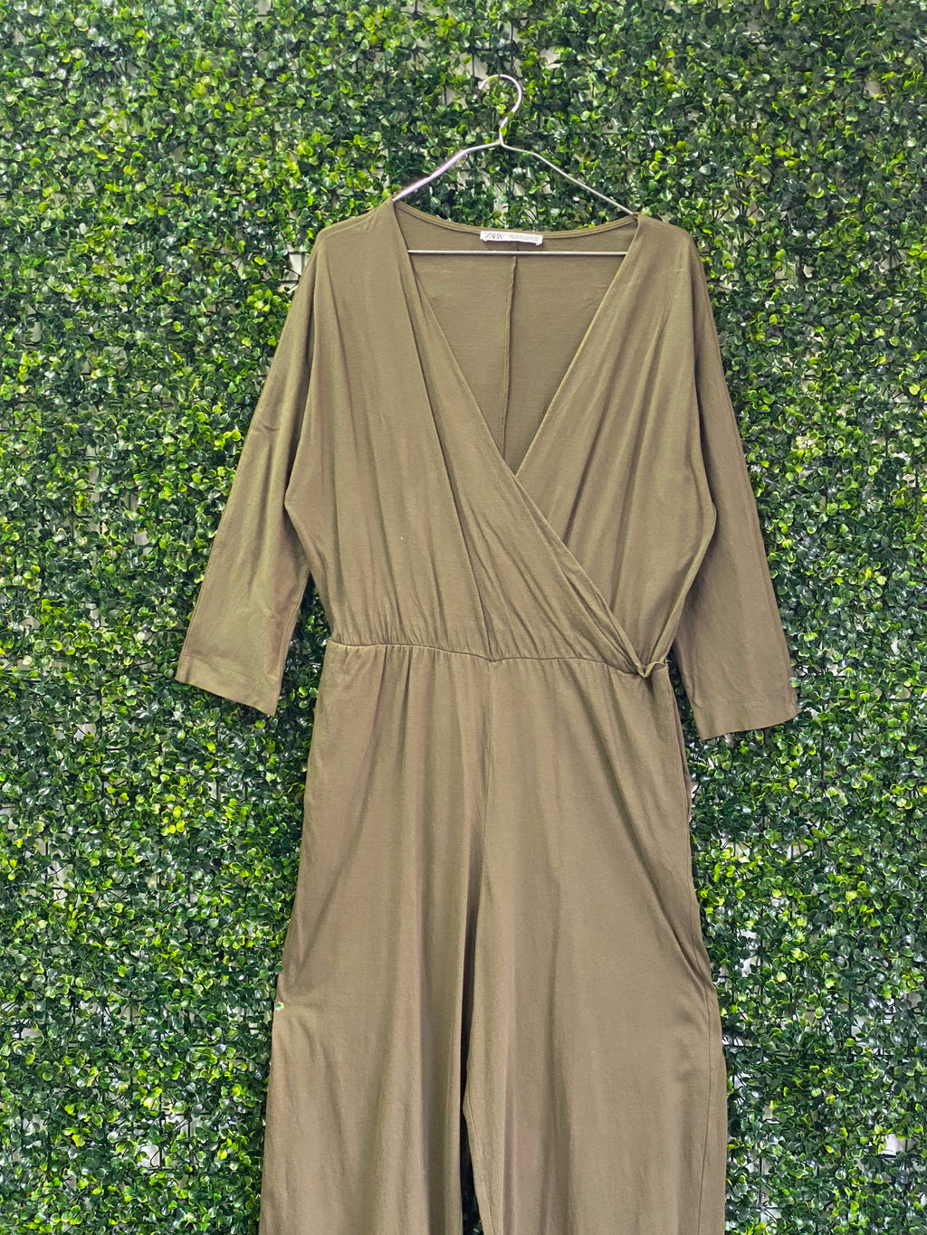 Zara Olive Taupe Wrap-Front Wide-Leg Jumpsuit — front