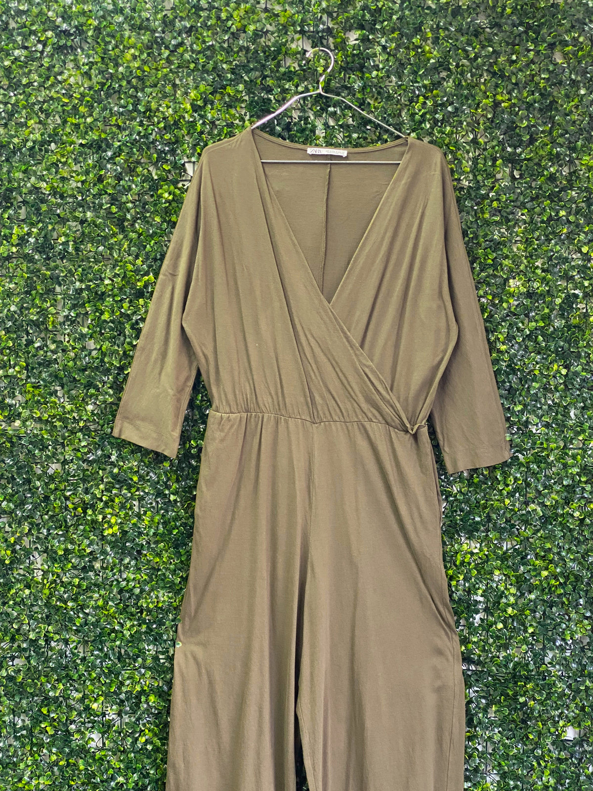 Zara Olive Taupe Wrap-Front Wide-Leg Jumpsuit — front