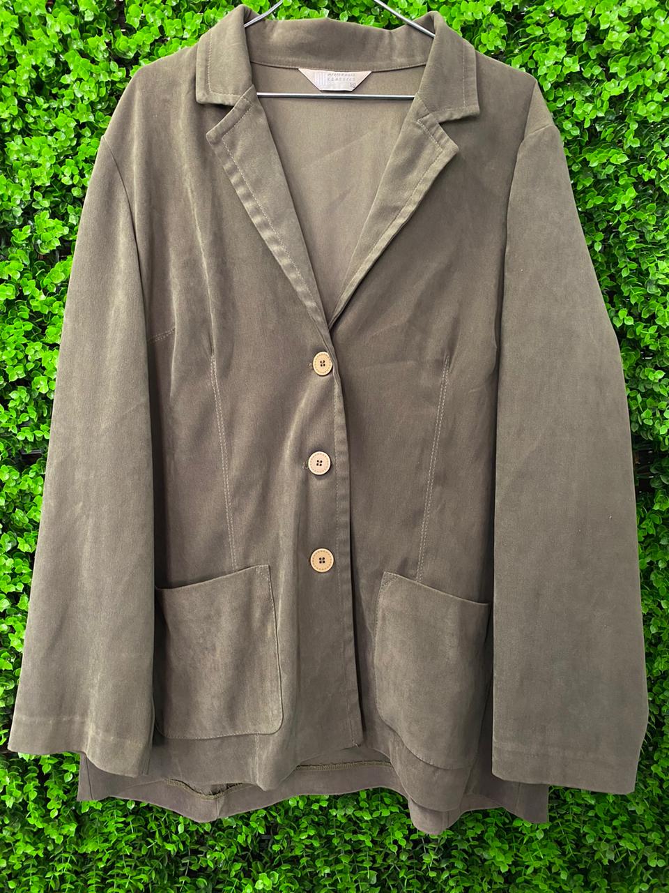 Olive Green Suede-Look Button Blazer