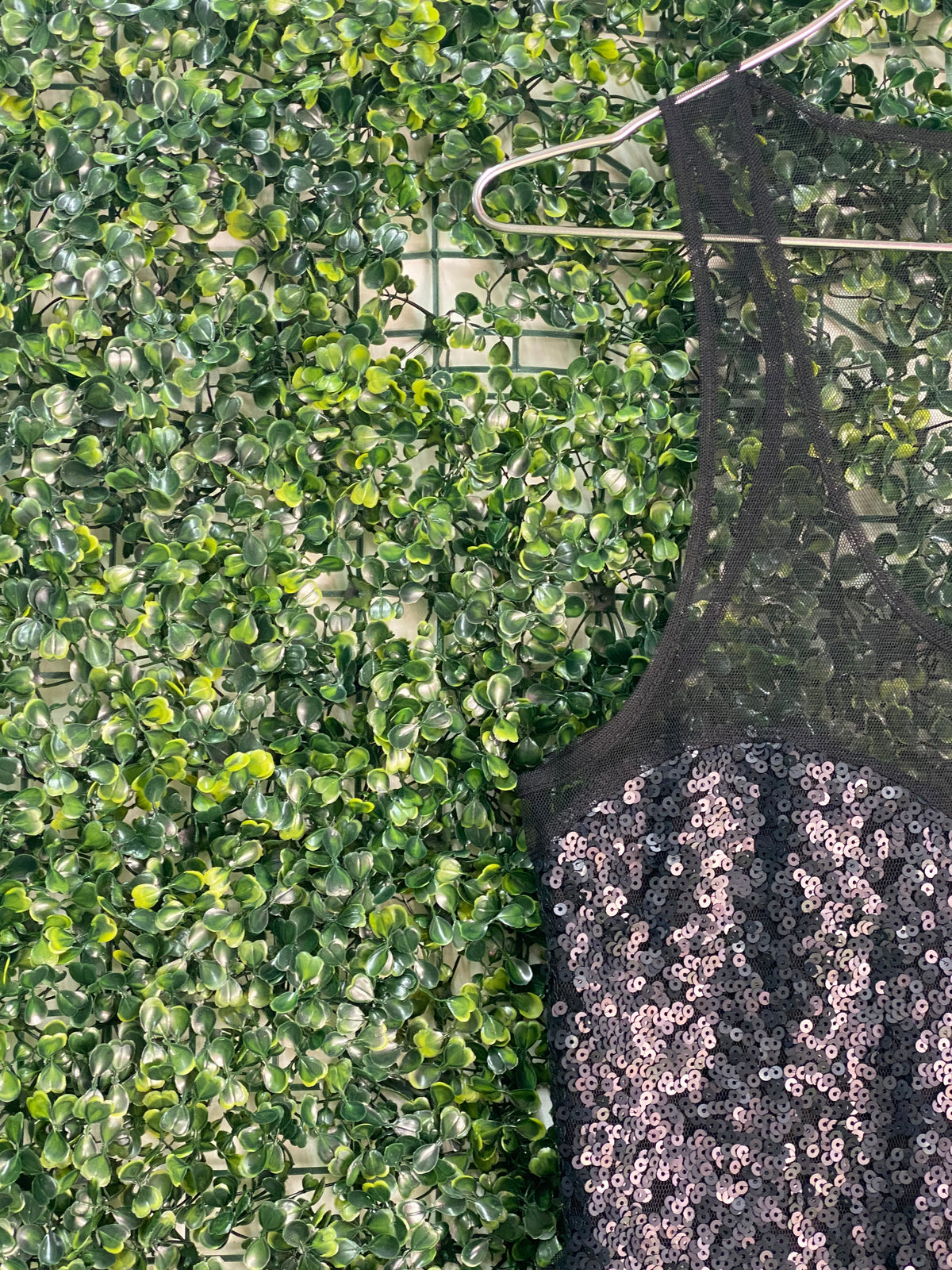 Triple Seven Black Sequin Mesh Top — detail