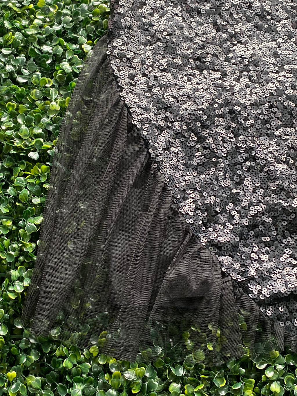 Triple Seven Black Sequin Mesh Top — detail