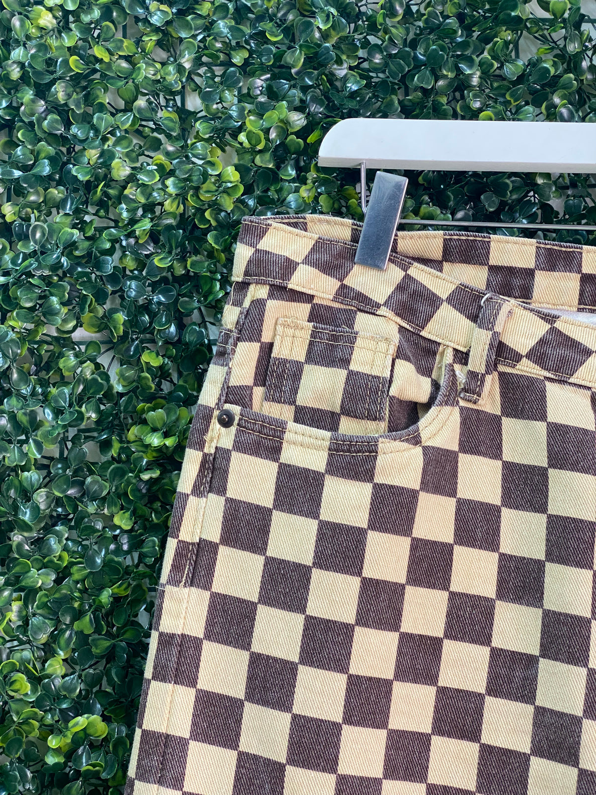 Brown Checkerboard Straight-Leg Pants — detail