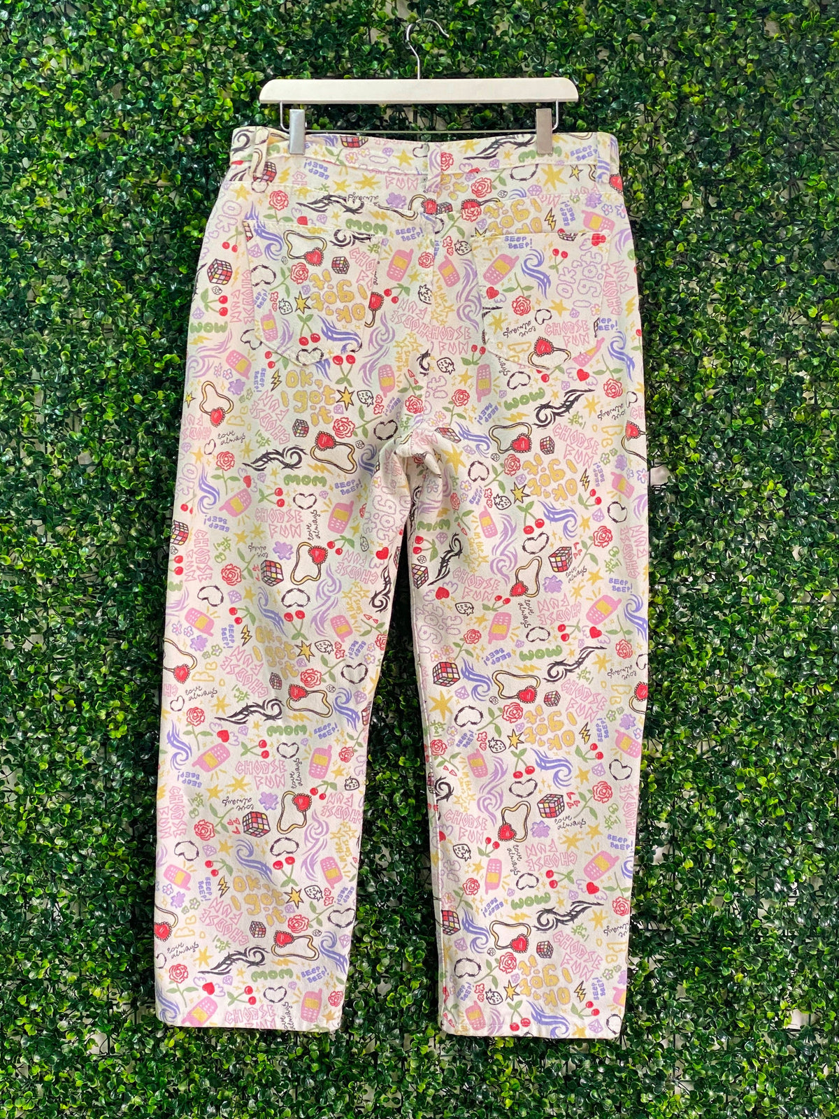 White Doodle Print Straight-Leg Pants — back