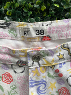 White Doodle Print Straight-Leg Pants — brand