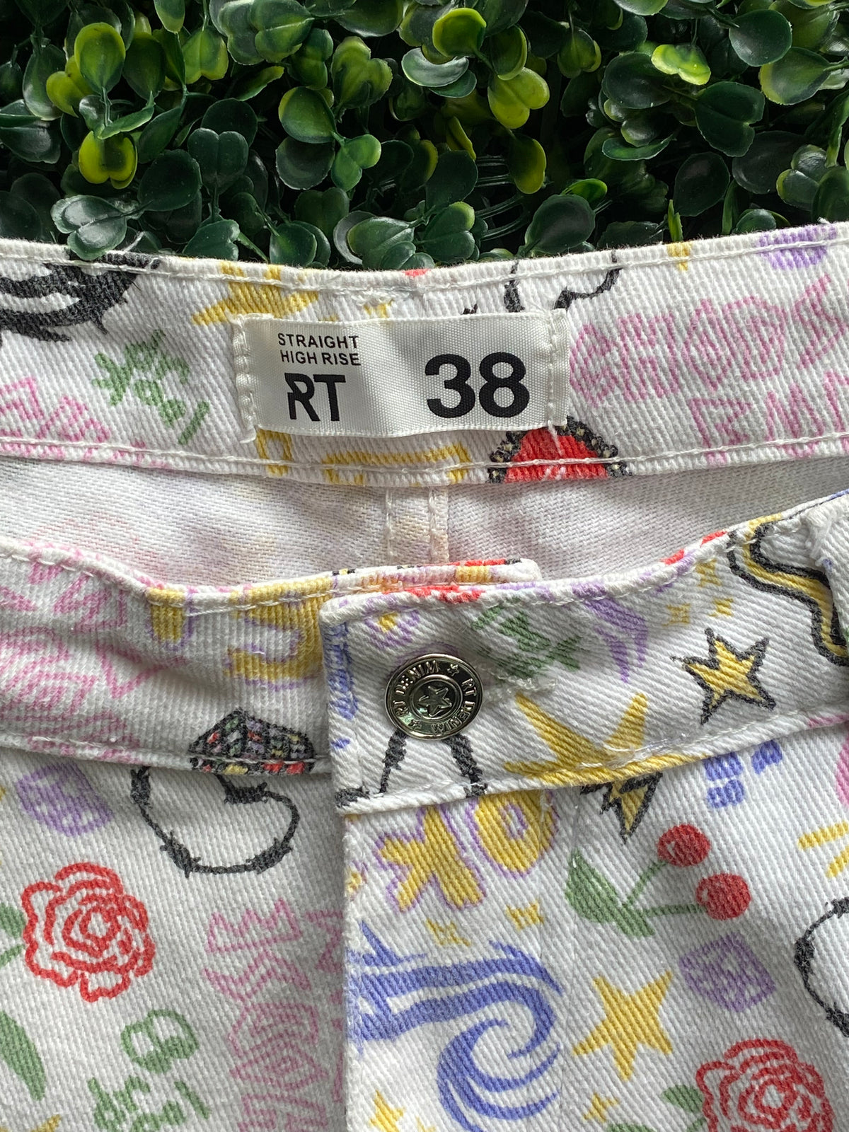 White Doodle Print Straight-Leg Pants — brand