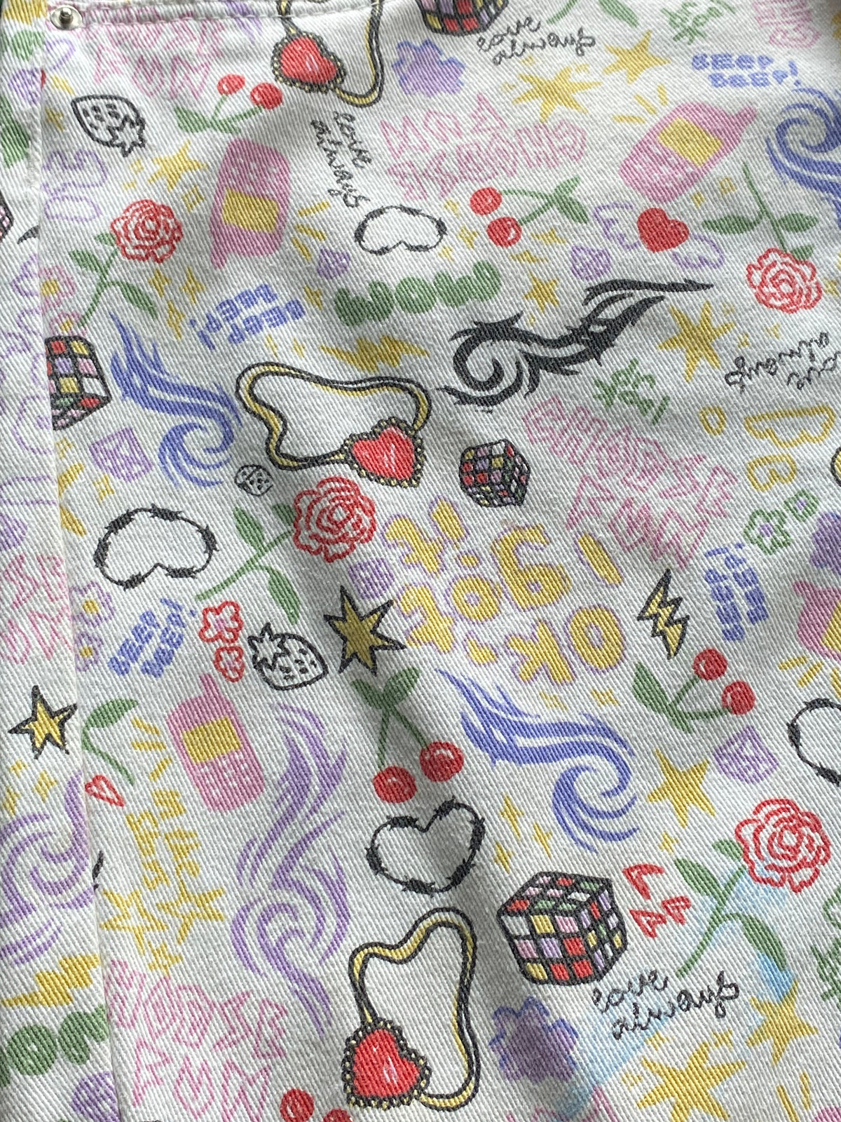 White Doodle Print Straight-Leg Pants — detail
