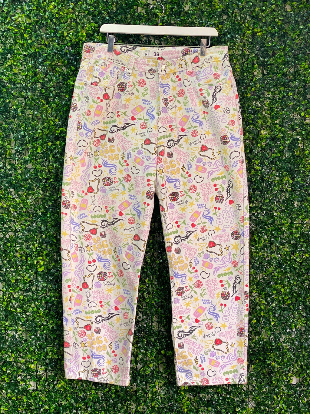 White Doodle Print Straight-Leg Pants — front