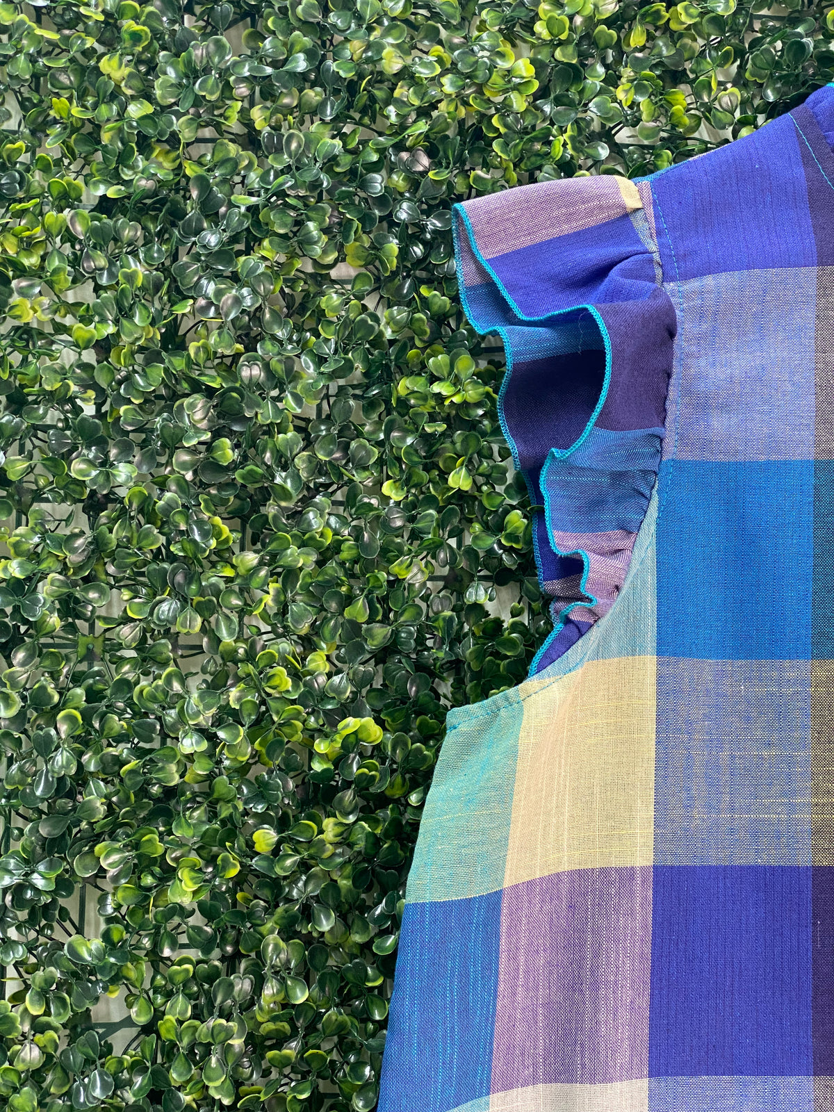 Emery Rose Blue Multicolour Check Cap-Sleeve Top — detail
