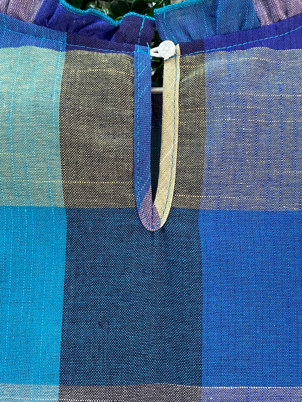 Emery Rose Blue Multicolour Check Cap-Sleeve Top — detail