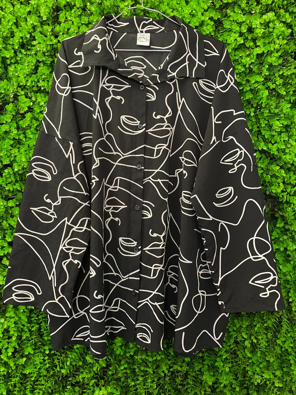 Black Abstract Face Print Button-Up Shirt