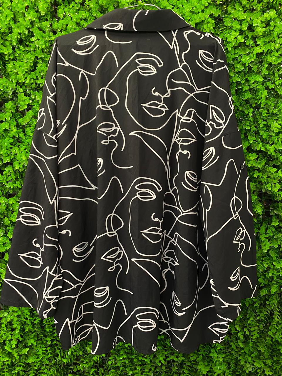 Black Abstract Face Print Button-Up Shirt