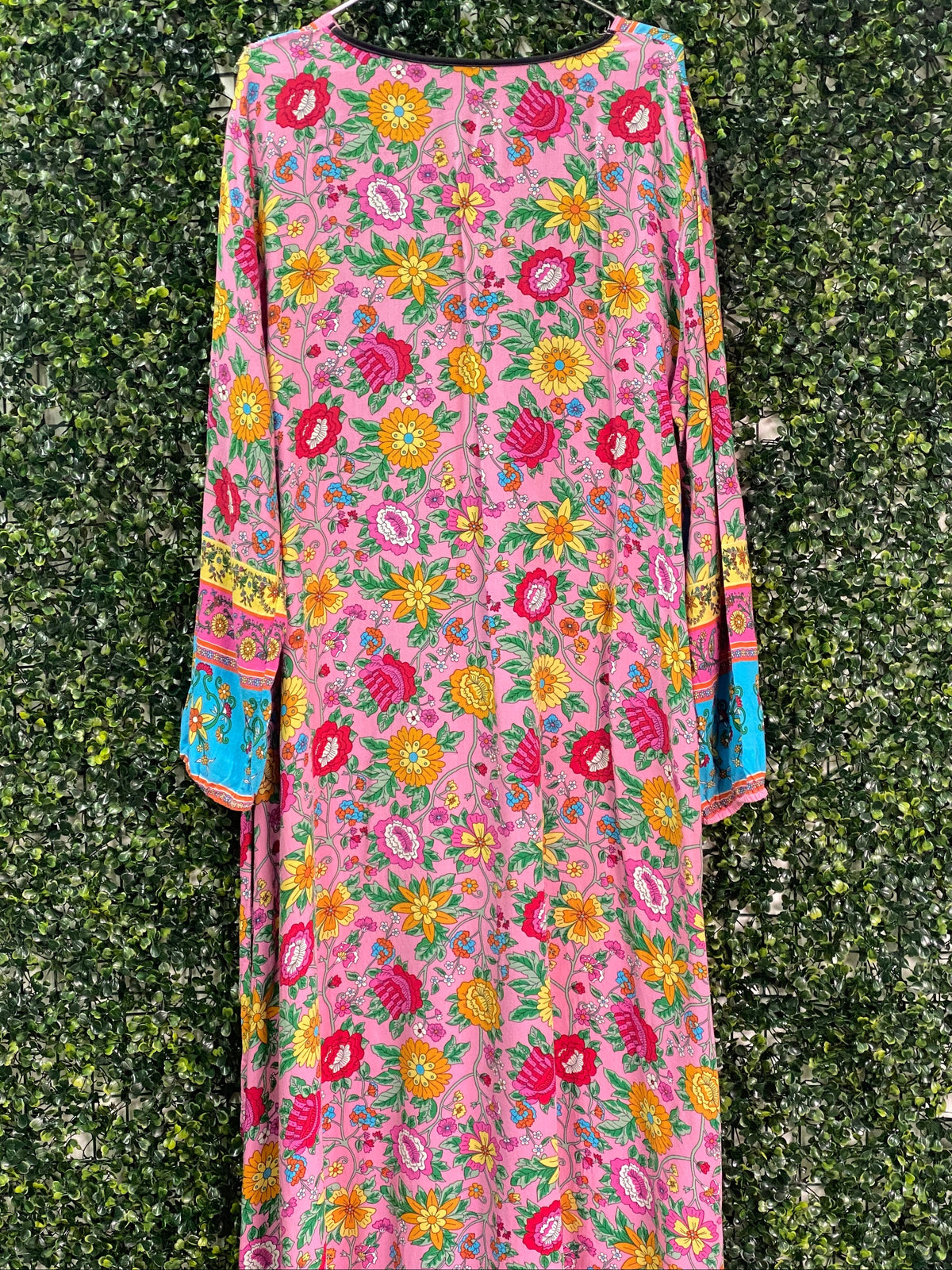 Pink & Turquoise Floral Border Print Kaftan Dress — back