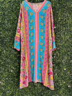 Pink & Turquoise Floral Border Print Kaftan Dress — detail