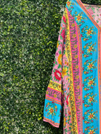 Pink & Turquoise Floral Border Print Kaftan Dress — detail