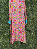 Pink & Turquoise Floral Border Print Kaftan Dress — detail