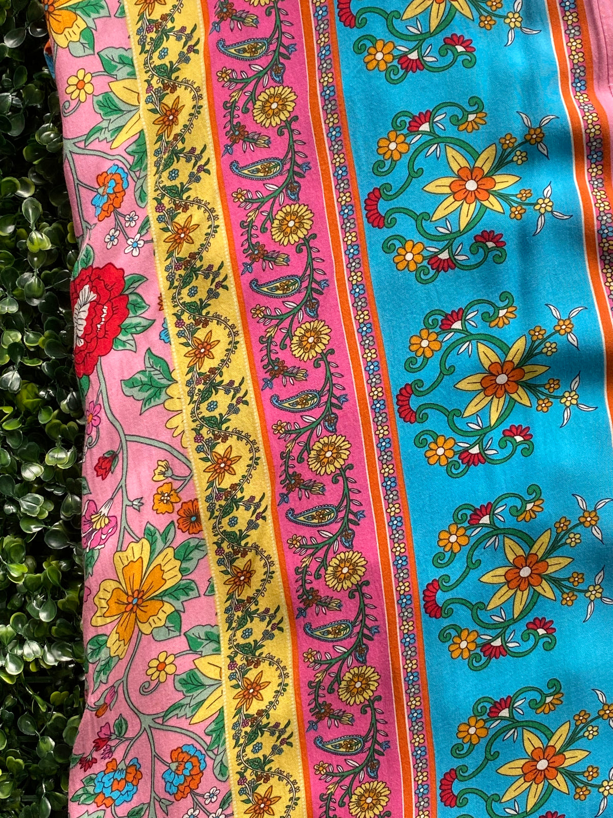 Pink & Turquoise Floral Border Print Kaftan Dress — detail