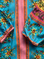 Pink & Turquoise Floral Border Print Kaftan Dress — detail