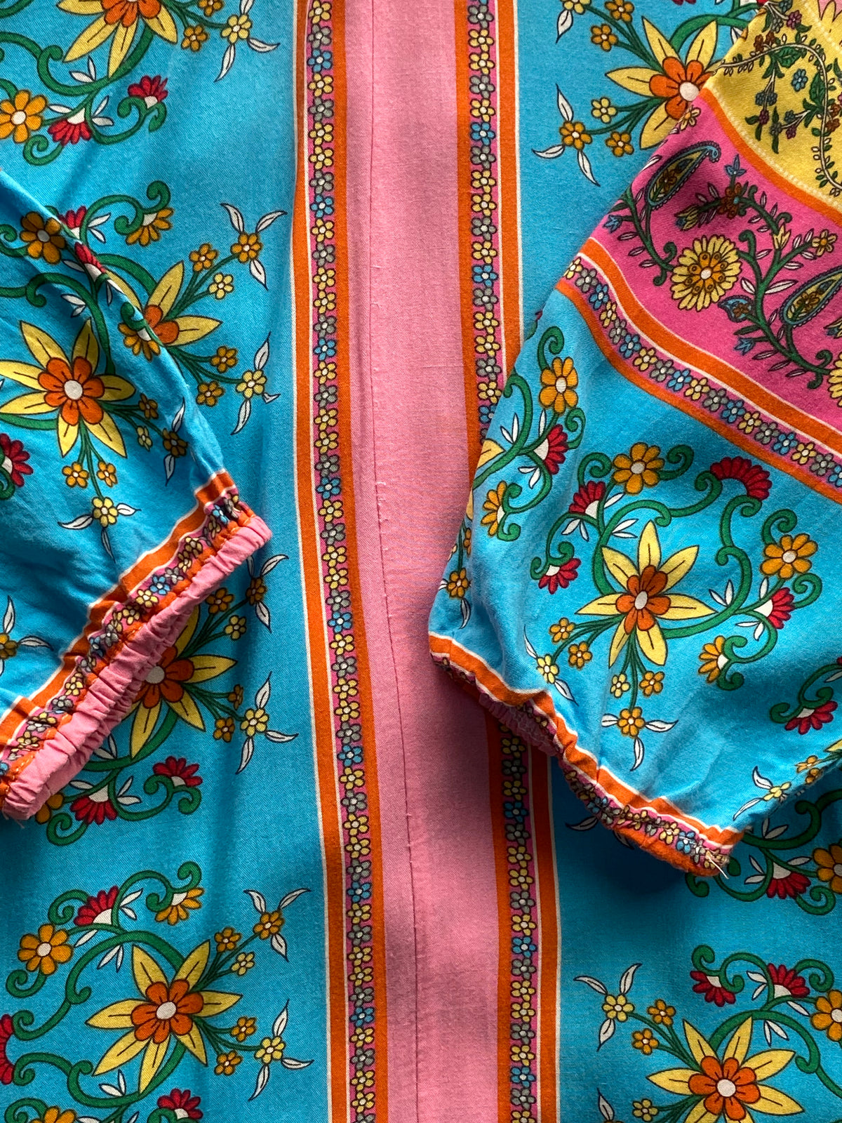 Pink & Turquoise Floral Border Print Kaftan Dress — detail