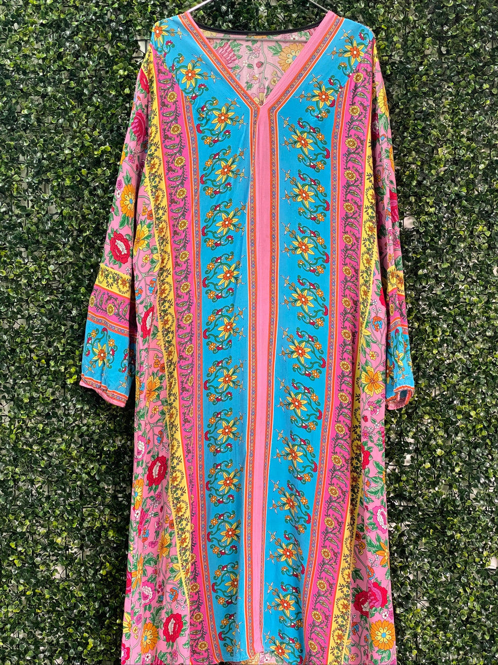 Pink & Turquoise Floral Border Print Kaftan Dress — front