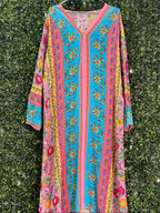 Pink & Turquoise Floral Border Print Kaftan Dress — front