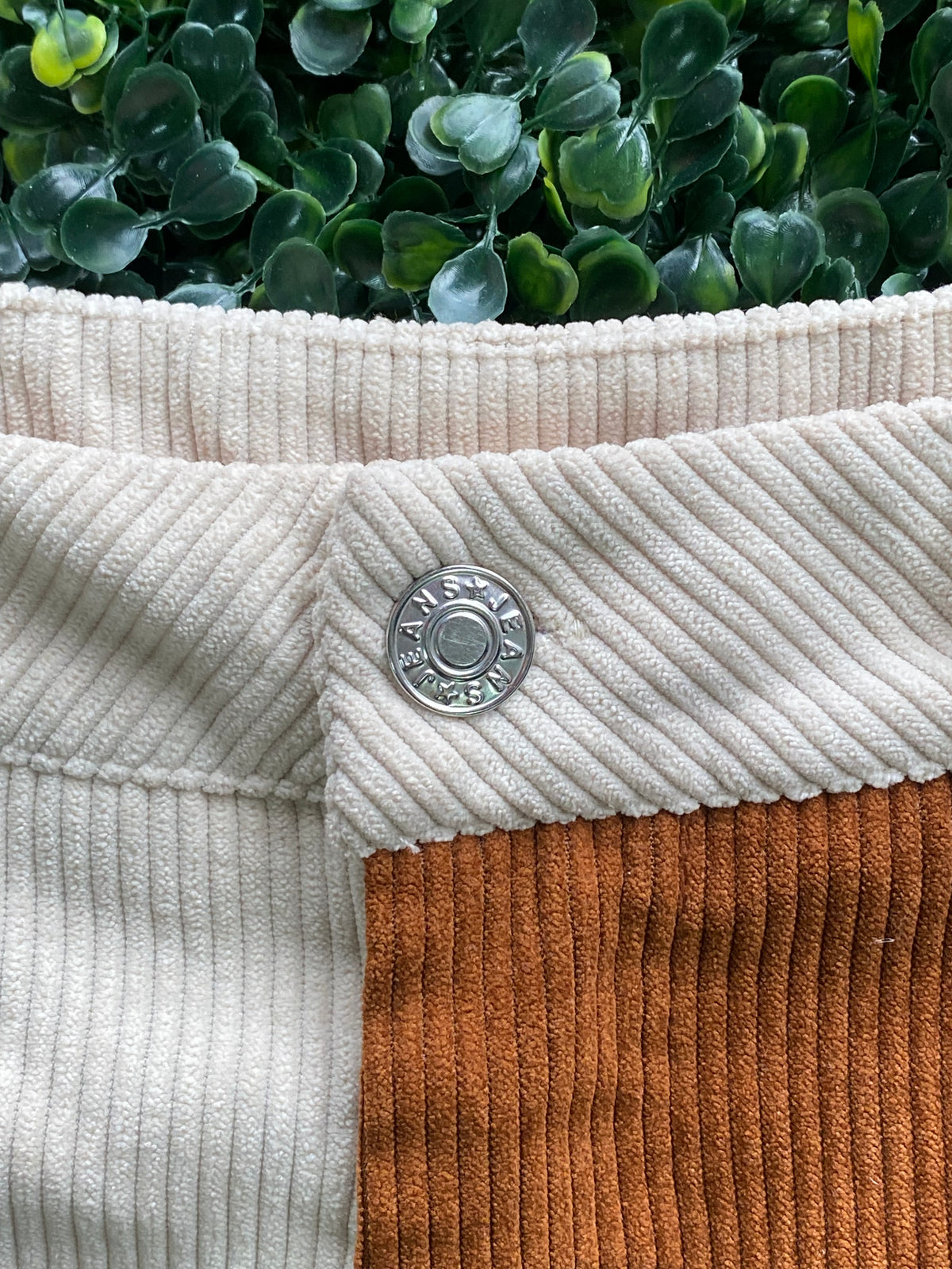 Two-Tone Cream & Rust Corduroy Straight-Leg Pants — detail