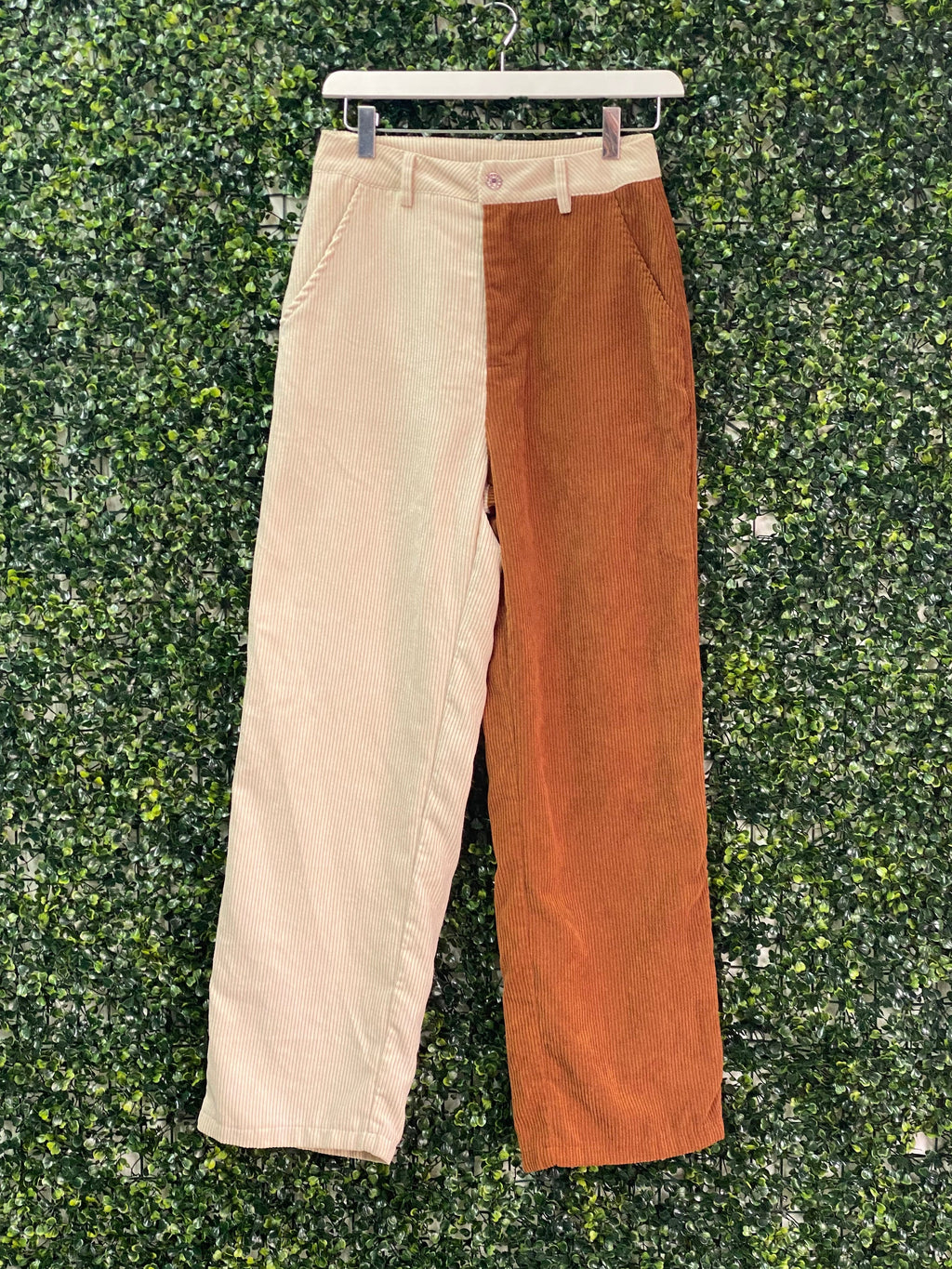 Two-Tone Cream & Rust Corduroy Straight-Leg Pants — front
