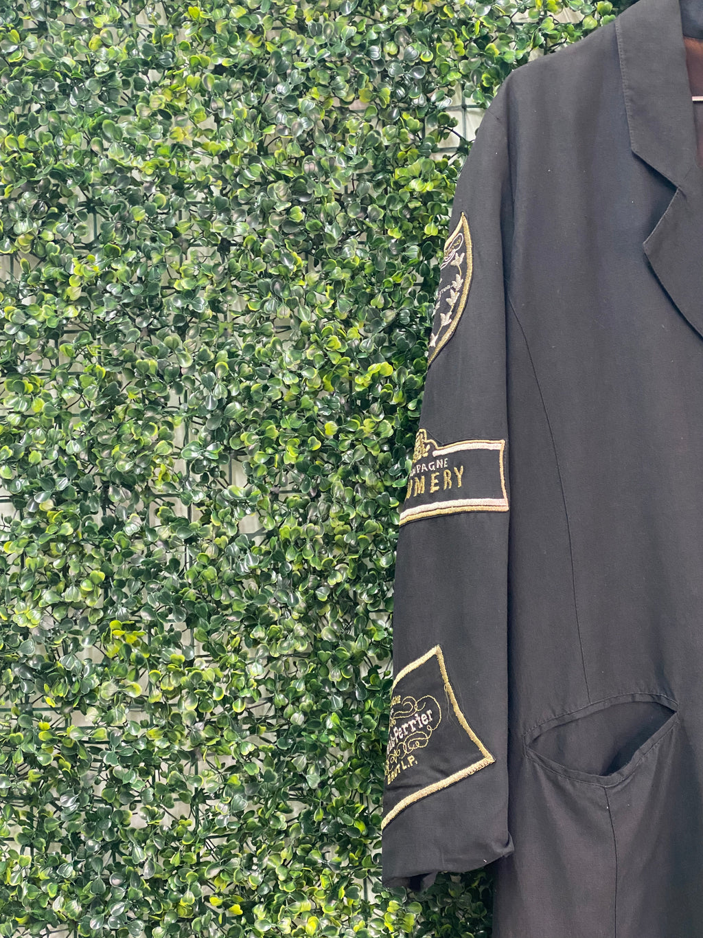 Cornelle Black Longline Blazer with Champagne Patch Sleeves — detail