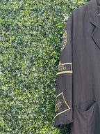 Cornelle Black Longline Blazer with Champagne Patch Sleeves — detail