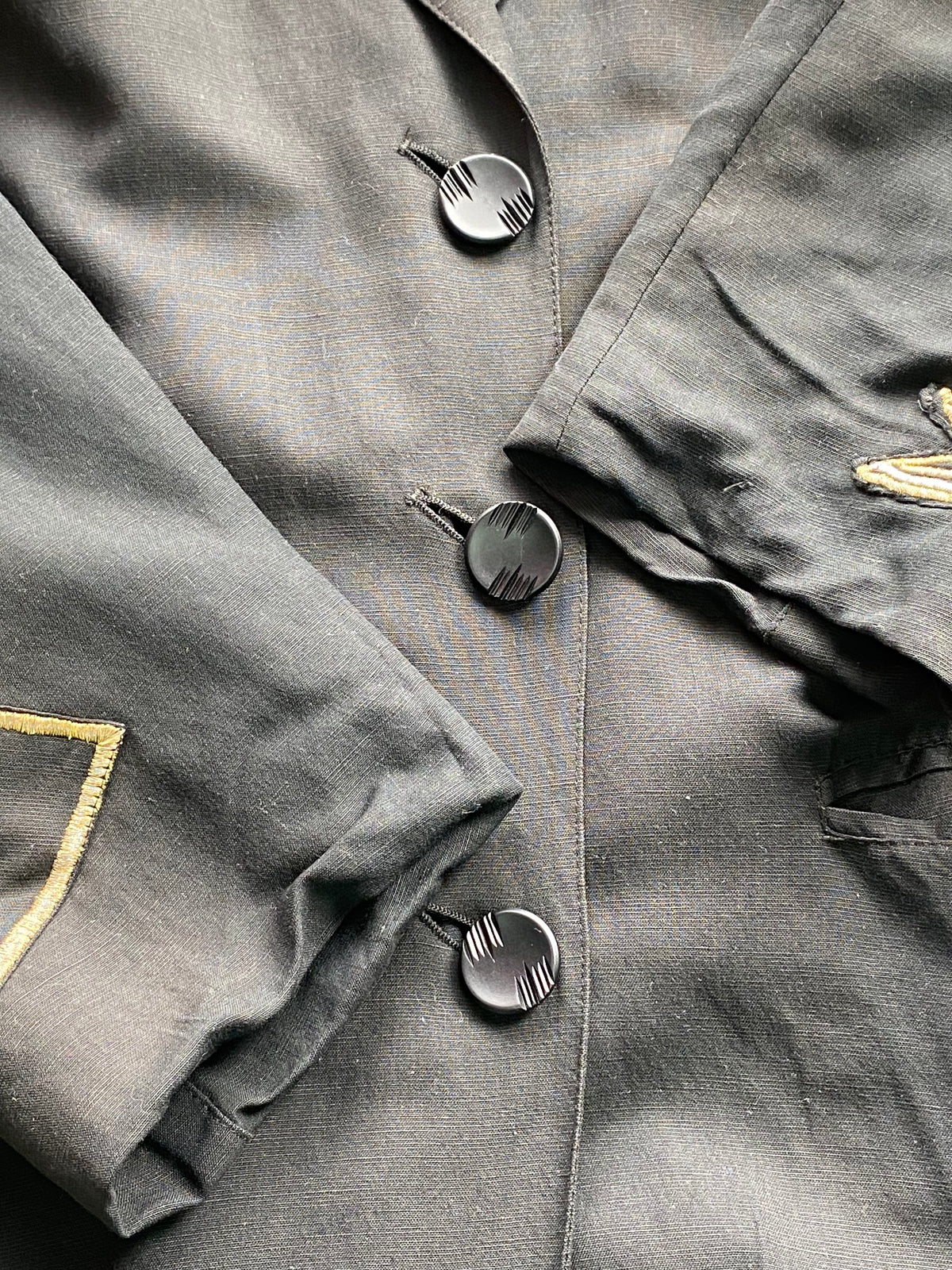 Cornelle Black Longline Blazer with Champagne Patch Sleeves — detail