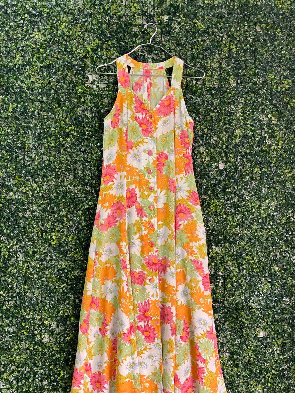 Retro Orange & Pink Floral Button-Front Maxi Dress — detail