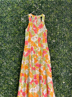 Retro Orange & Pink Floral Button-Front Maxi Dress — detail