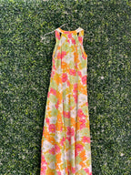 Retro Orange & Pink Floral Button-Front Maxi Dress — detail