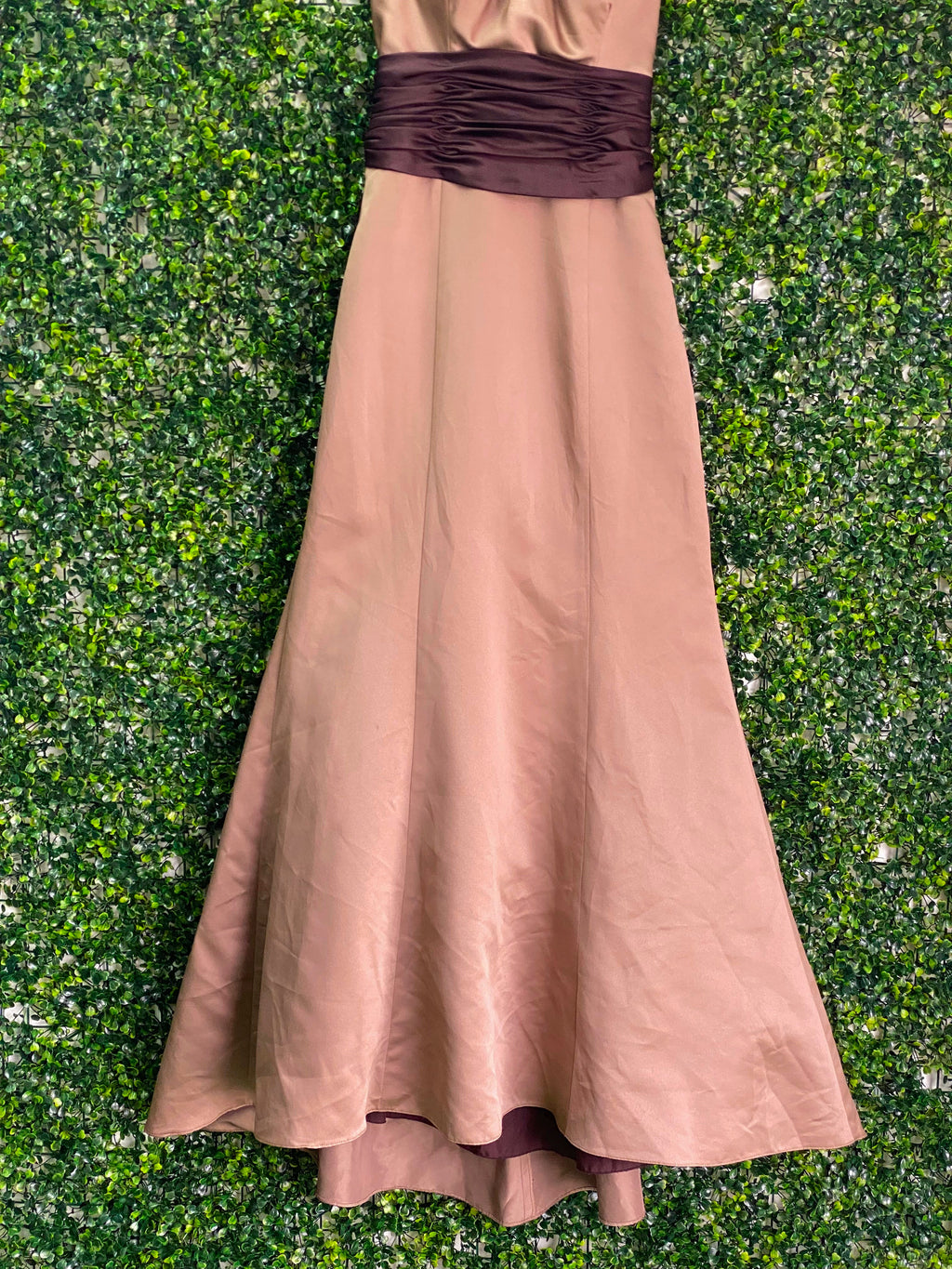 Bronze & Chocolate Strapless Evening Gown with Jewelled Brooch — back