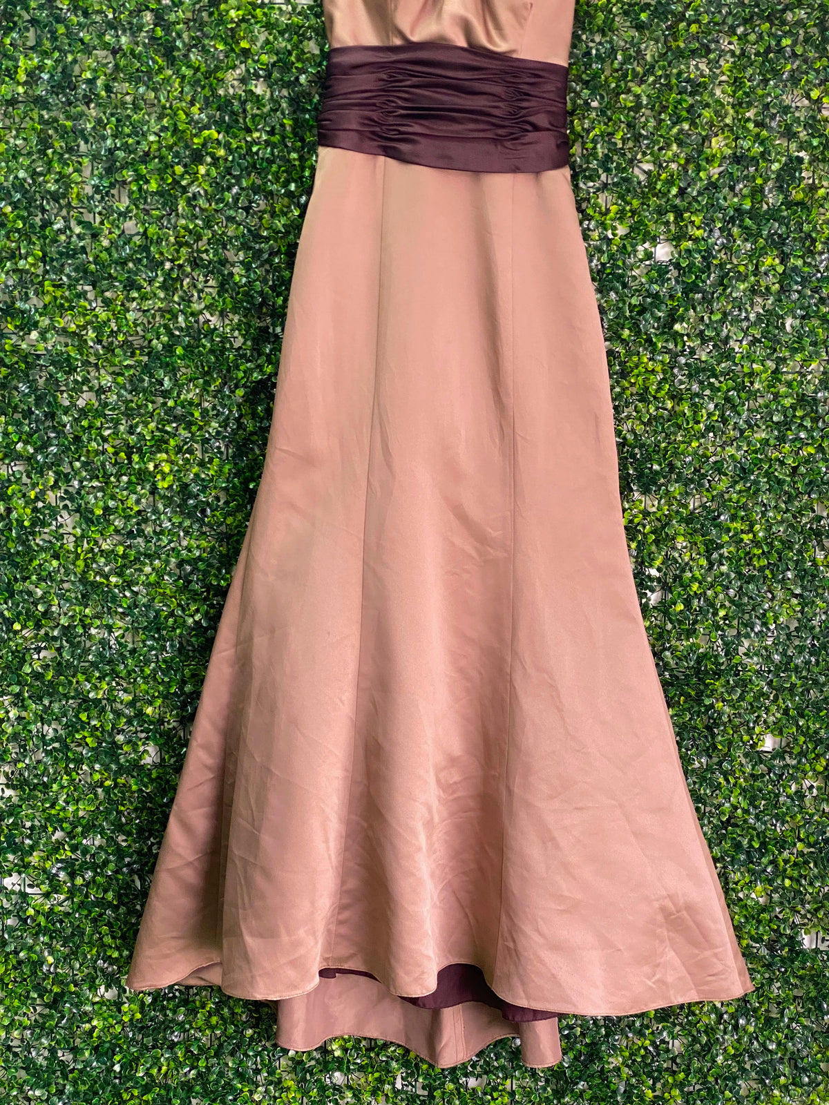 Bronze & Chocolate Strapless Evening Gown with Jewelled Brooch — back