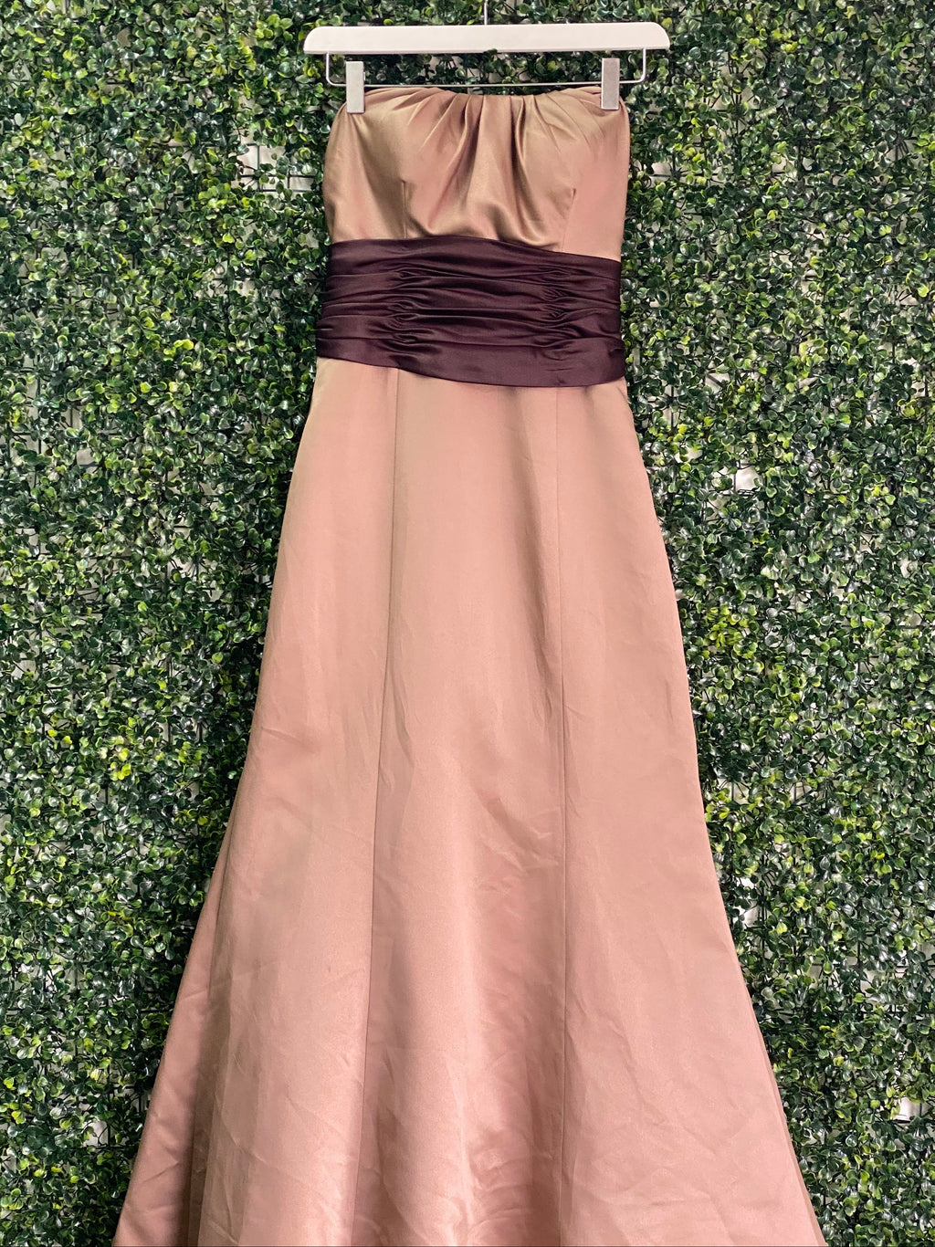 Bronze & Chocolate Strapless Evening Gown with Jewelled Brooch — detail