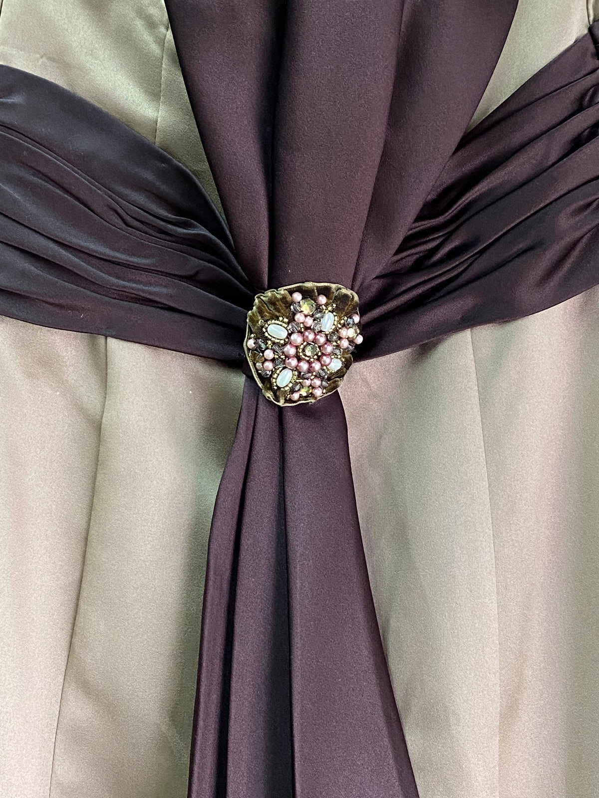 Bronze & Chocolate Strapless Evening Gown with Jewelled Brooch — detail