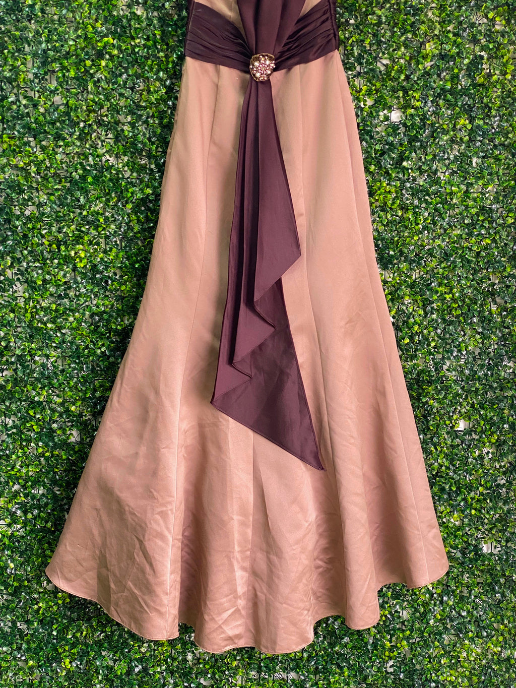 Bronze & Chocolate Strapless Evening Gown with Jewelled Brooch — front
