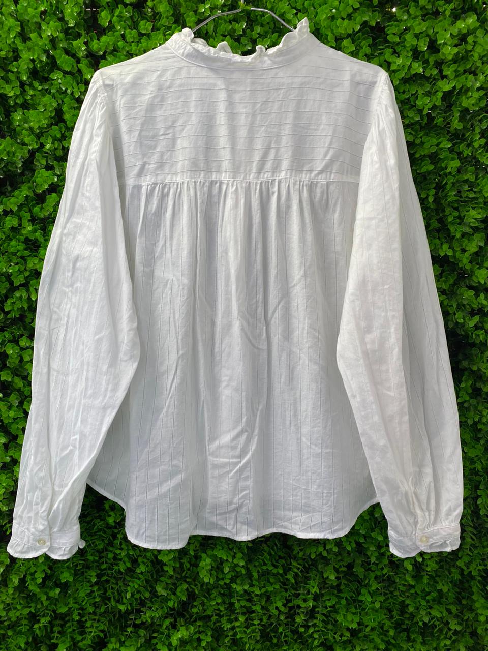 White Ruffle Neck Button-Up Blouse
