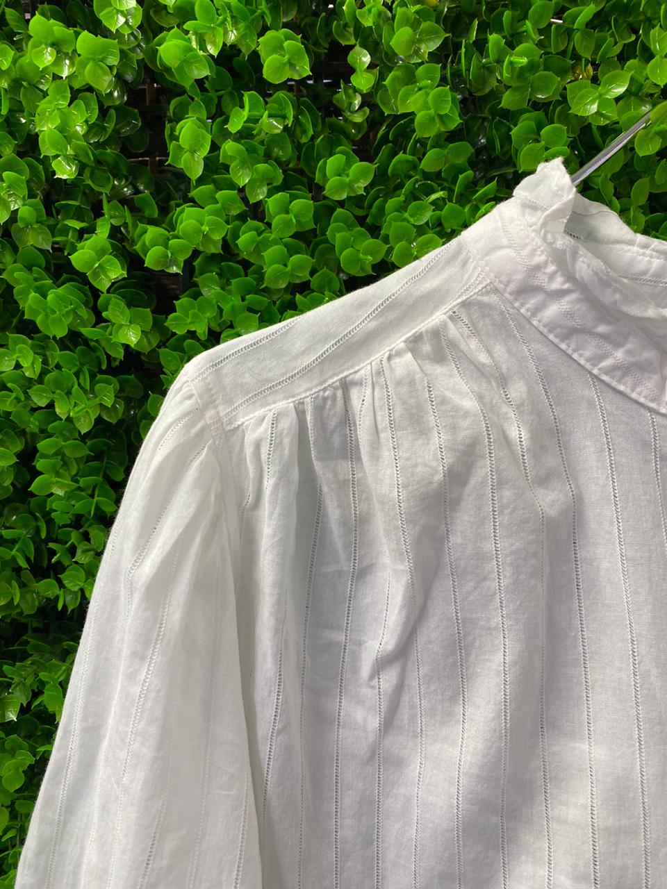 White Ruffle Neck Button-Up Blouse